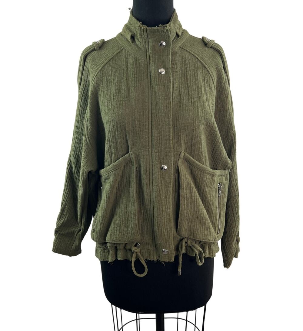 Blank NYC Olive Green Jacket Cotton Mock Neck Raw Edge Trim Zip Size XS X-Small